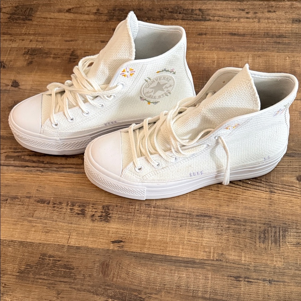 Converse White High-Top Sneakers with Subtle Embroidery- Like New.